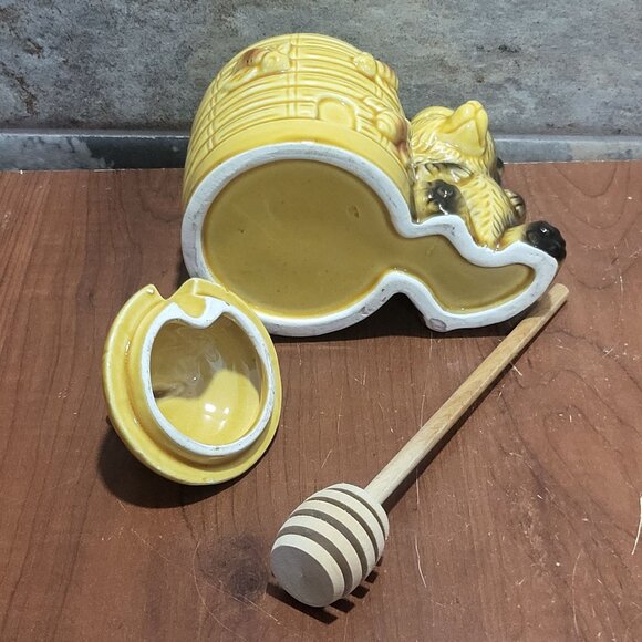 Vintage Beehive Bear Honey Pot With Lid Honey Wood Dipper Jar Server - Picture 5 of 13